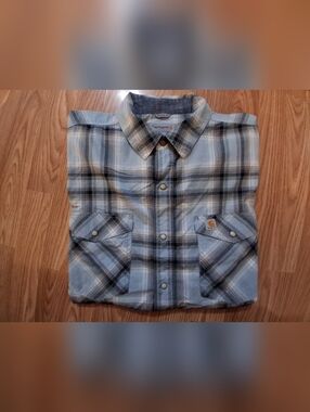 CARHARTT Relaxed Fit Plaid Button Down Shirt.  Mens. Size XL. Light Blue & Gray